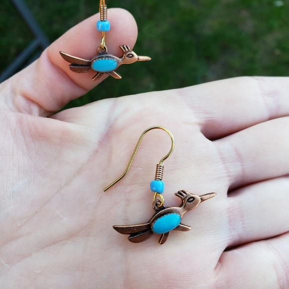 Handmade Navajo Roadrunner Copper Bell Trading Post Turquoise Old Pawn Earrings - Picture 5 of 6